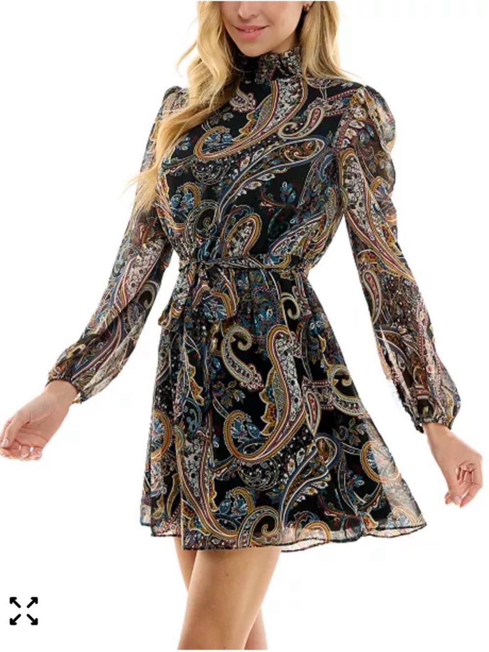 City Studios Juniors' Paisley-Print Fit & Flare Belted Long-Sleeve Mini Dress XS